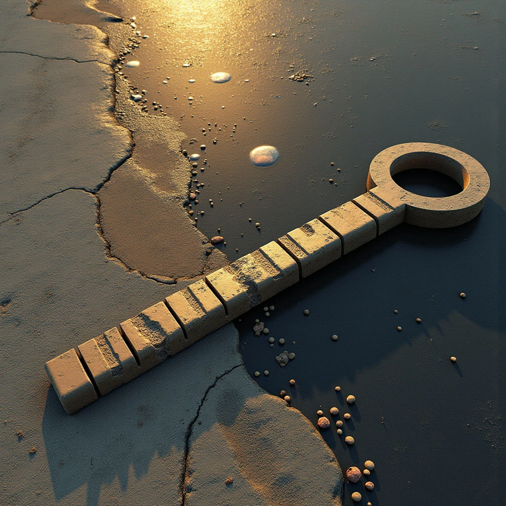 The image features a long, segmented key lying on a cracked, dark surface with a warm golden glow emanating from the upper right corner. The key is composed of rectangular blocks in varying shades of tan and beige, contrasting with the smooth, reflective texture of the surrounding ground which also contains scattered spherical shapes. A distinct crack runs along the left side of the composition, creating a diagonal spatial division between fractured and relatively intact areas.