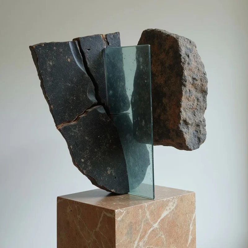 A dark, jagged slab of textured stone sits adjacent to a translucent, rectangular glass pane on a smooth, tan marble pedestal. The composition balances the coarse, irregular surfaces of the rock against the flat, reflective quality of the glass and the polished stone base. Light passes through the clear pane, creating subtle shifts in tone across the dark, fractured background of the larger stone element.