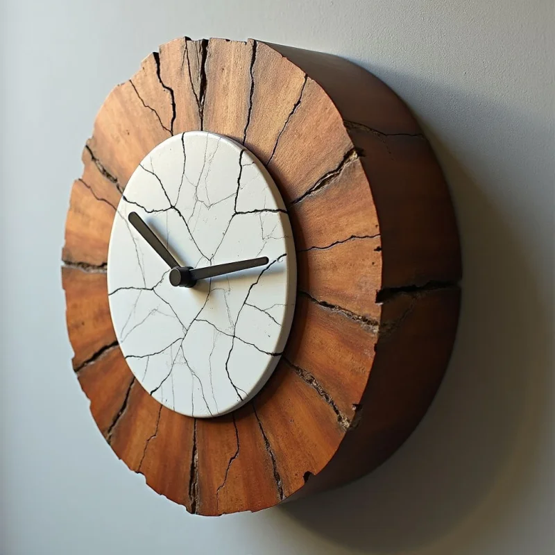 The image features a circular clock mounted on a wall with a muted gray background. The clock face is off-white with a network of dark cracks and is centered within a larger disc constructed from segmented pieces of warm, reddish-brown wood exhibiting rough textures along the edges. Light appears to be diffused, creating soft shadows and highlighting variations in both the wooden surface and the cracked pattern of the clock face.