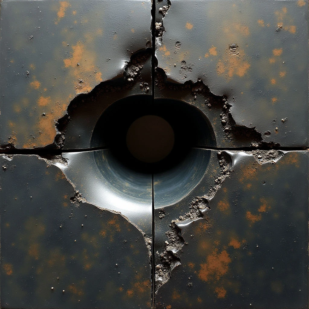 The image features a dark, primarily black surface divided into four square quadrants, each with irregular, fractured edges converging toward a central circular opening. Patches of warm orange and brown tones are scattered across the textured black material, contrasting with smoother, reflective surfaces within the hole itself. Light appears to emanate from within the circle, creating highlights along its inner walls and casting shadows that define the depth of the damaged quadrants.
