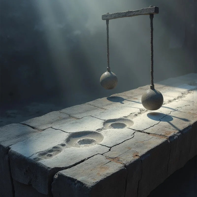 A Newton's cradle with stone spheres hangs above a cracked, weathered stone surface in a dim environment. Shafts of light cut through the shadows, illuminating the rough textures of the gray masonry and the spherical shapes of the suspended weights. The composition uses high contrast between bright highlights and deep shadows to define the spatial depth and rugged surfaces.