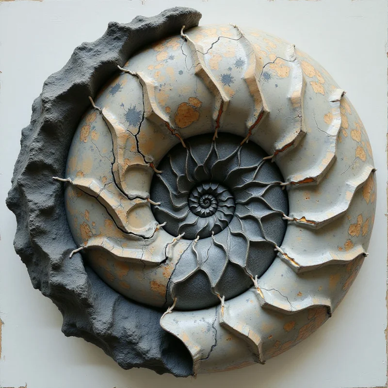 A spiral formation of segmented, shell-like shapes transitions from deep charcoal in the center to pale grey and tan on the outer edges. The surface features cracked, weathered textures with organic brown spotting scattered across the curved planes. Light casts soft shadows within the recessed grooves, emphasizing the depth and radial symmetry of the coiled structure against a flat white background.