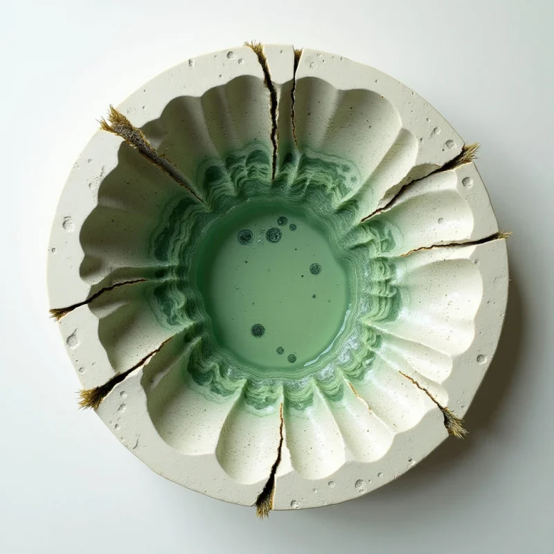 A circular vessel features a pale, off-white matte exterior with deep radial cracks and fibrous, brownish textures emerging from the crevices. The interior transitions from textured white edges into concentric rings of swirling seafoam and forest green liquid. Bright, even light illuminates the object against a plain white background, emphasizing the depth of the bowl and the fluid patterns within.