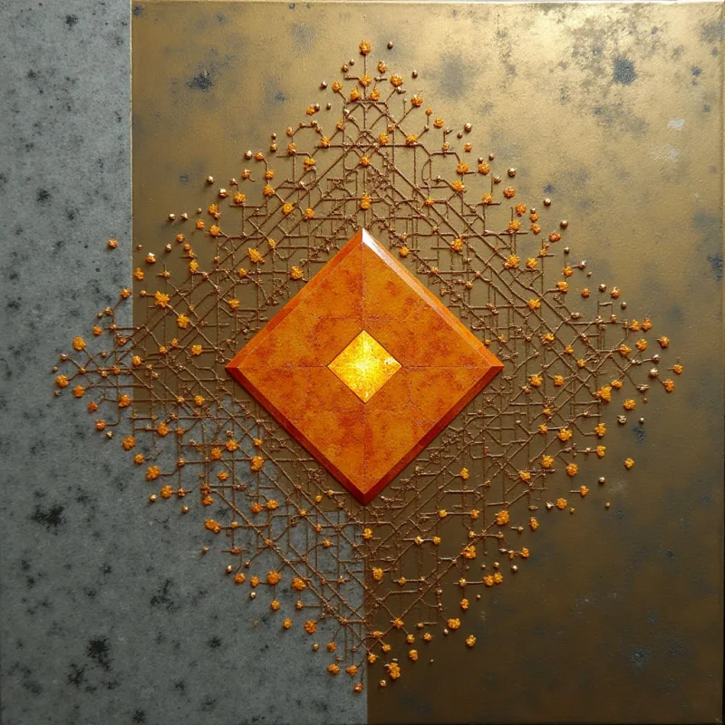 The image features a primarily orange and gold color palette with contrasting grey tones on one side of the composition. A central diamond shape, textured and layered in shades of orange, is overlaid with a delicate geometric pattern extending outwards from its points, composed of fine lines and small spherical elements. The background consists of a smooth golden surface adjacent to a speckled grey field, creating a distinct spatial division between areas of detailed ornamentation and simpler texture.