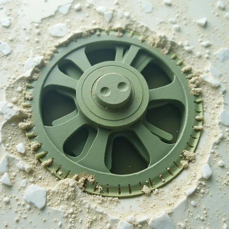 A circular, olive-green gear with radial spokes and a notched outer edge is embedded within a textured, off-white surface of fine powder and irregular shards. Light falls from above, casting soft shadows within the gear's openings and emphasizing the granular contrast between the smooth plastic and the gritty debris. The composition centers on the geometric symmetry of the green object against the chaotic, scattered arrangement of the surrounding white fragments.