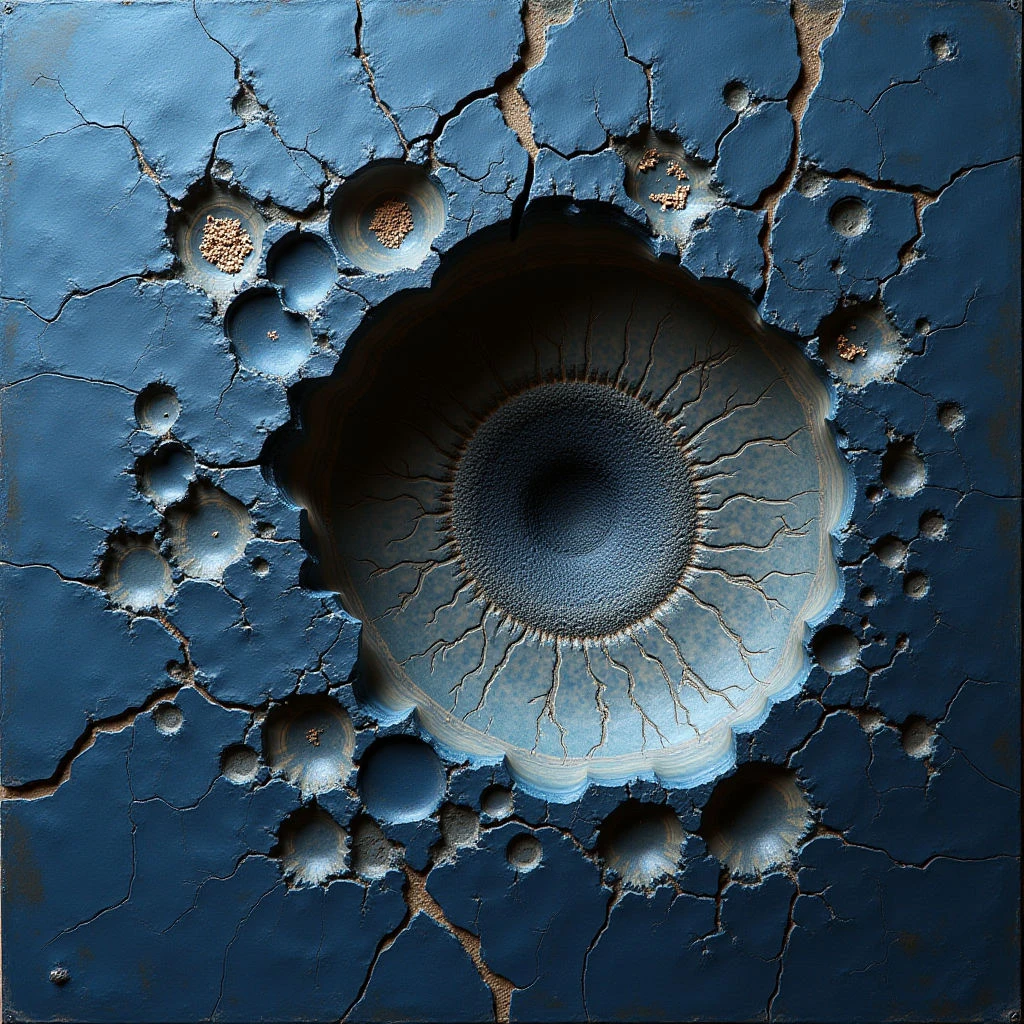 The image is dominated by shades of blue, ranging from deep indigo to lighter cerulean, and features a cracked surface with numerous circular indentations. These indentations vary in size and depth, creating a textured landscape around a central, larger concave form resembling an eye with radiating lines. Light appears to emanate from within the central shape, casting shadows that emphasize the three-dimensional quality of the composition and define spatial relationships between the raised and recessed areas.
