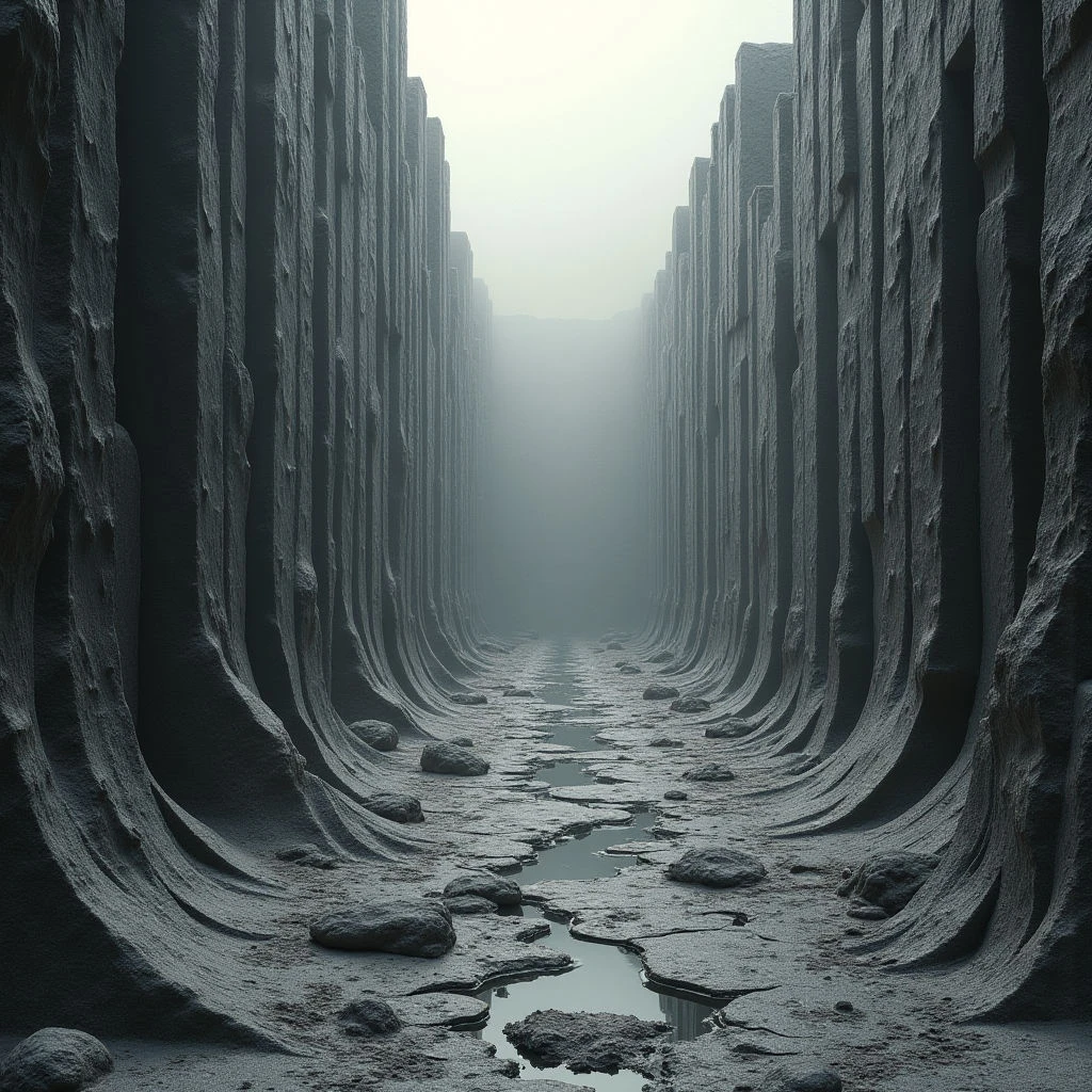 The image is dominated by cool gray tones with subtle variations suggesting depth and shadow. Tall, columnar structures line a central pathway covered in rough texture—broken stone and shallow pools of water—and recede into a hazy distance. Light appears diffused, creating soft gradients across the surfaces and obscuring the far end of the narrow space.