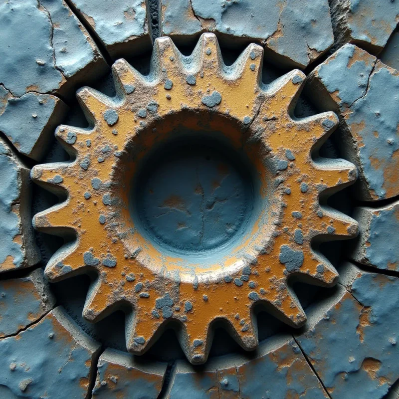 A central, golden-yellow gear with jagged teeth is set against a cracked, slate-blue background. The composition features heavy textures of peeling paint and deep fissures that radiate outward from the circular center. Light falls across the raised surfaces of the gear and the edges of the cracks, creating subtle shadows within the recessed areas.