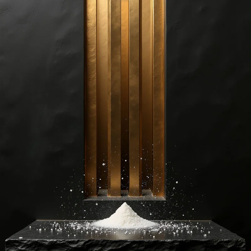A mound of white, granular powder sits atop a dark, textured stone slab in front of vertical gold columns. The composition features a high contrast between the bright white crystals and the deep black background, accented by the metallic sheen of the golden pillars. Small particles are suspended in the air around the central pile, creating a sense of depth against the structured geometric shapes.