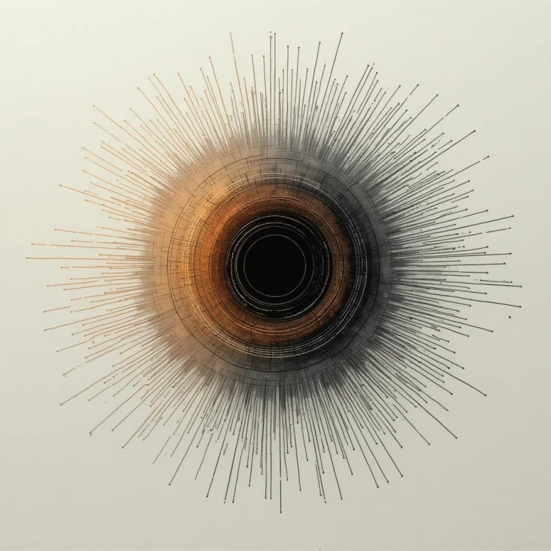 A central black circle is surrounded by concentric rings of copper and charcoal tones that radiate outward into fine, needle-like lines. The composition features a transition from dense, textured layers near the center to thin, sparse linear strokes against a light gray background. Light appears diffused, emphasizing the contrast between the dark core and the radiating radial patterns.