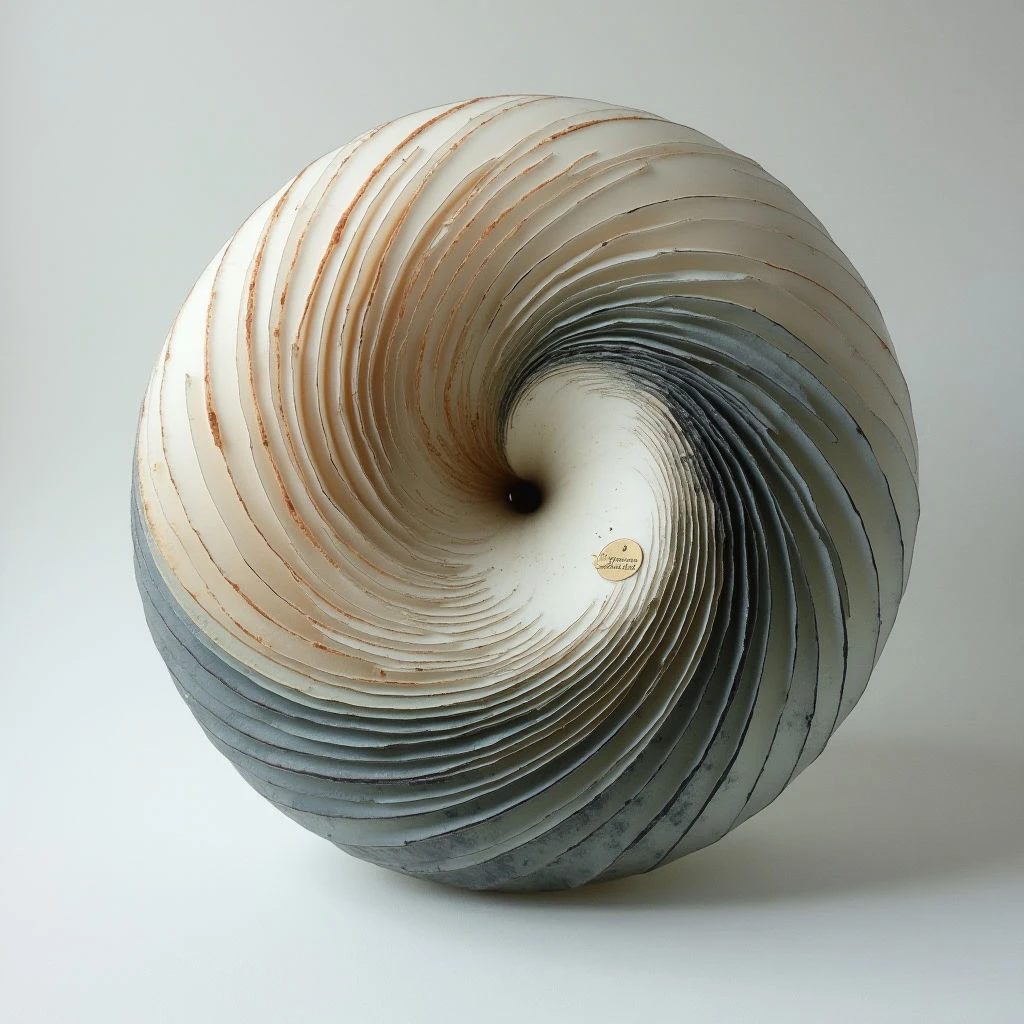 The object is a roughly spherical form constructed from layered, curved segments in shades of cream, tan, and gray. A central opening disrupts the sphere’s volume, revealing a slightly darker interior and a small circular detail within. Soft, diffuse light illuminates the textured surface, creating gentle gradations across the layers and suggesting depth as they spiral inwards toward both openings.