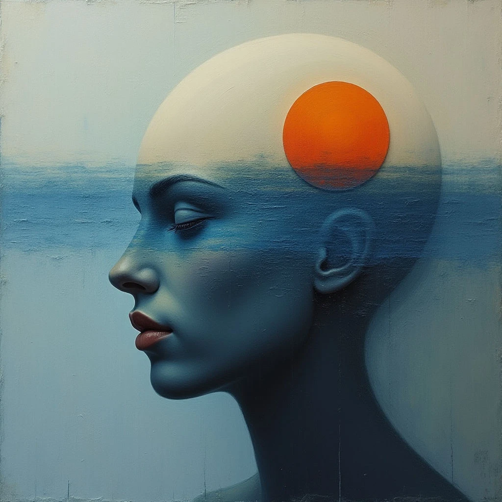 The image features a profile view of a head and neck rendered in shades of blue, seamlessly transitioning into a seascape horizon line across the upper portion. A bright orange circular shape is positioned within the negative space above the head, contrasting with the cooler tones below. The textures appear smooth overall, with subtle variations suggesting form and depth, while soft light gently illuminates the facial features and creates a gradient effect in both the skin and water.