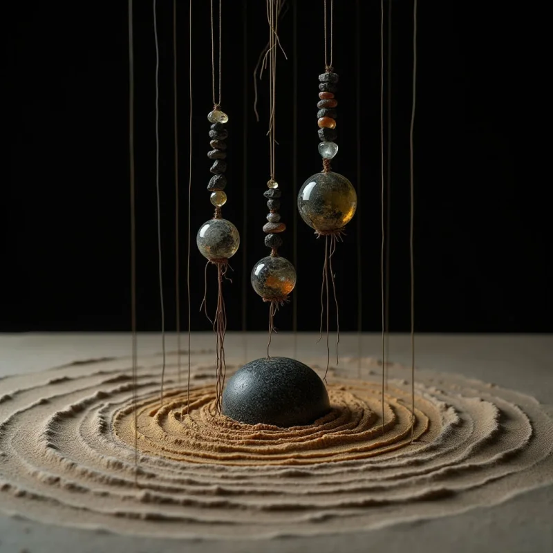 Suspended thin vertical lines hold various translucent and opaque spherical beads in a dark void above a textured bed of sand. Concentric circular ridges of tan sand surround a single large, dark, matte sphere resting at the center. Light illuminates the smooth surfaces of the hanging glass orbs and the granular texture of the sand ripples against a deep black background.
