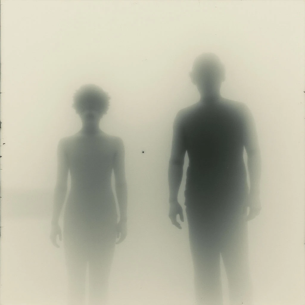 Two figures stand facing forward, barely discernible as human shapes against a pale background. The figure on the left is lighter and appears more detailed than the darker, almost silhouetted form to its right. An indistinct speck floats between them in the center of the frame, adding to the ethereal quality of the scene.