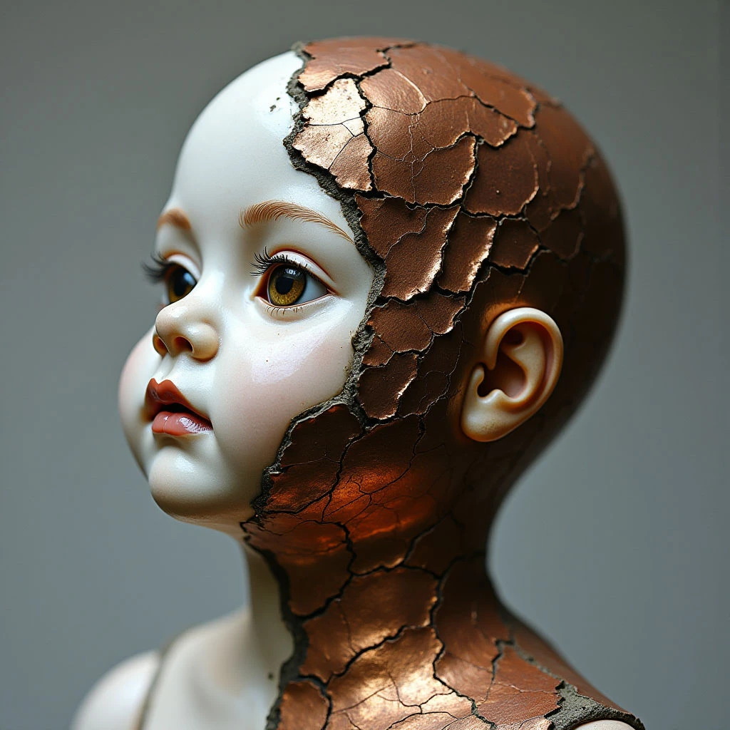 The image depicts a partial bust with a stark contrast between smooth, pale skin on one side and cracked, reddish-brown material covering the other. Light sources create highlights across both surfaces, emphasizing the textures – porcelain-like smoothness versus a fragmented, geological appearance. The composition is a close-up profile view, with the subject occupying most of the frame against a blurred gray background, suggesting shallow depth of field.