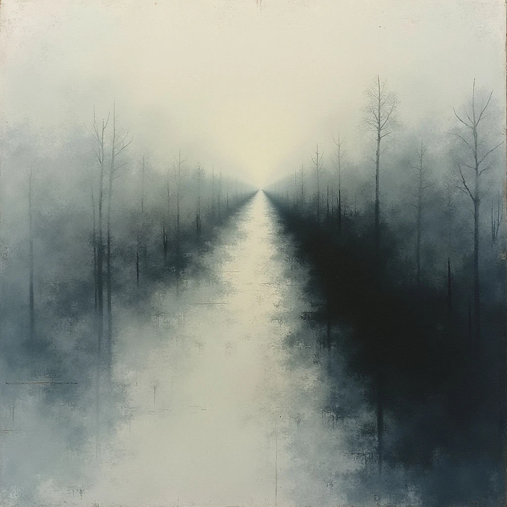 A long, still waterway cuts through a dense forest of bare trees. Thick fog obscures the background and softens all edges, creating a sense of quiet isolation. The water reflects the pale sky, forming a bright central path that draws the eye into the distance.