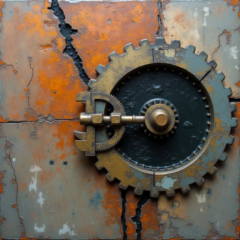 A large, weathered gear with serrated edges is mounted off-center on a cracked, textured surface featuring mottled patches of orange and gray. The composition centers on the dark circular core of the mechanism, which is intersected by metallic gold components and radial ridges. Light hits the raised surfaces of the metal and the uneven cracks in the background, creating depth through high-contrast shadows.
