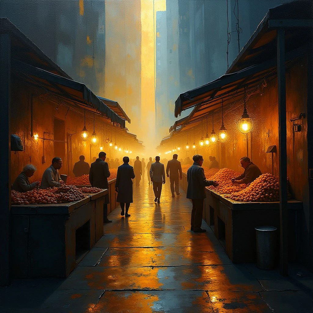 The scene depicts a narrow marketplace corridor with stalls lining both sides, bathed in warm, golden light emanating from the distant end. Deep shadows define the textures of rough stone walls and wet pavement reflecting the overhead lights, while rows of orange produce create focal points along the counters. Figures are distributed throughout the space, receding into the bright distance and emphasizing a strong linear perspective.