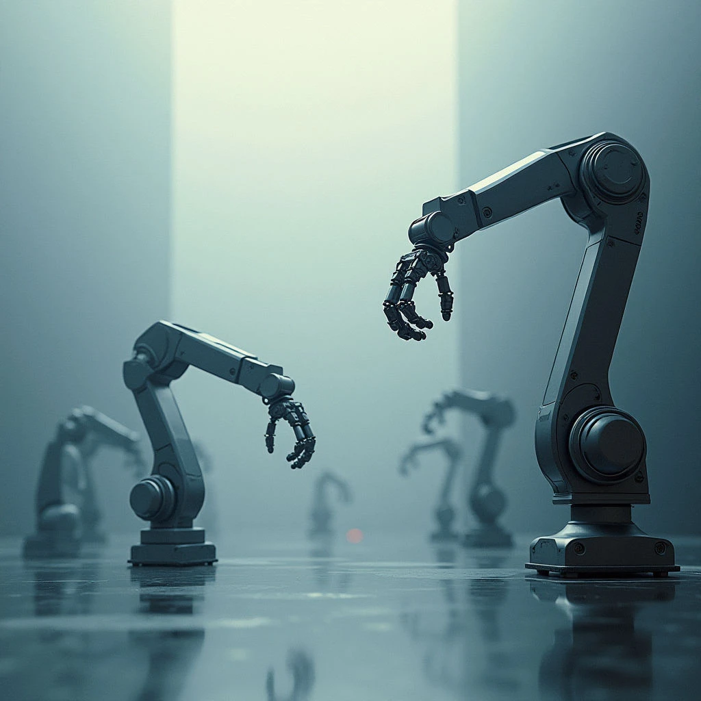 The scene is dominated by cool gray tones with subtle hints of blue, creating a muted and atmospheric palette. Smooth metallic surfaces contrast with the sharper angles of robotic arms, while reflections on the polished floor suggest a spacious environment filled with soft, diffused light. Several robot arms are positioned across a wide plane, receding into a hazy background where similar forms appear less defined, establishing depth within the composition.