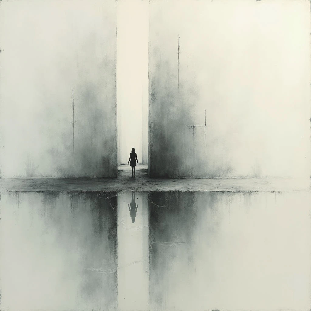 A small figure stands between two massive, shadowy structures, facing a bright, undefined light. The scene is mirrored perfectly in a still body of water below, doubling the sense of isolation and scale. Everything is rendered in shades of gray, creating a stark and ethereal atmosphere.
