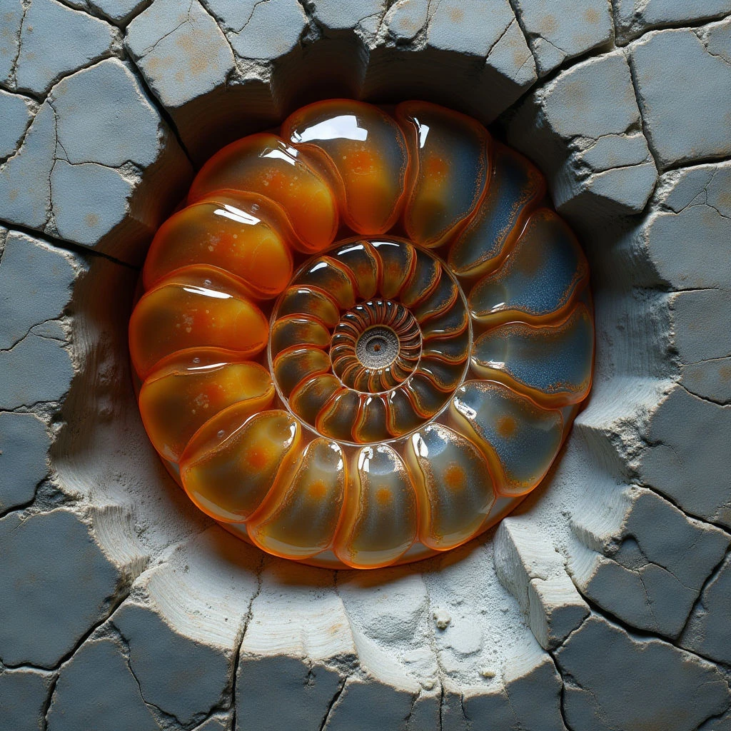 The image features a spiraling object with alternating bands of orange and blue tones, set within a fractured gray surface. The object has a smooth, glossy texture contrasting sharply with the rough, cracked stone surrounding it, which is illuminated by light creating highlights and shadows across both surfaces. It appears recessed into an irregular opening in the stone, establishing a central focal point with varying depths and spatial recession.