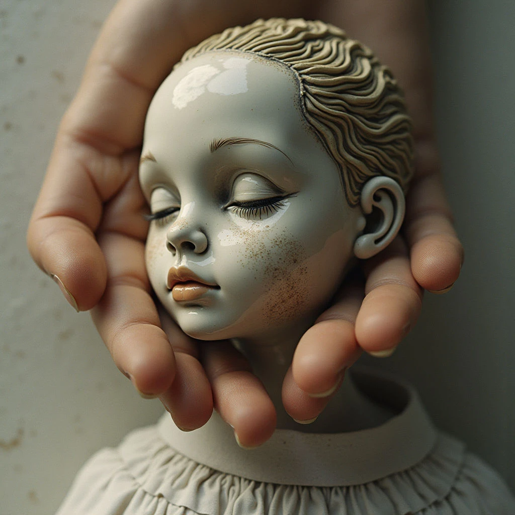 The image features a pale, porcelain doll head cupped in two hands with warm skin tones. Soft, diffused light highlights the smooth texture of the face and the slightly rougher texture of the sculpted hair, while casting gentle shadows on the cheeks and neck. The composition is tightly focused on the subject, creating a shallow depth of field that emphasizes the rounded shapes of the head and hands against a muted background.