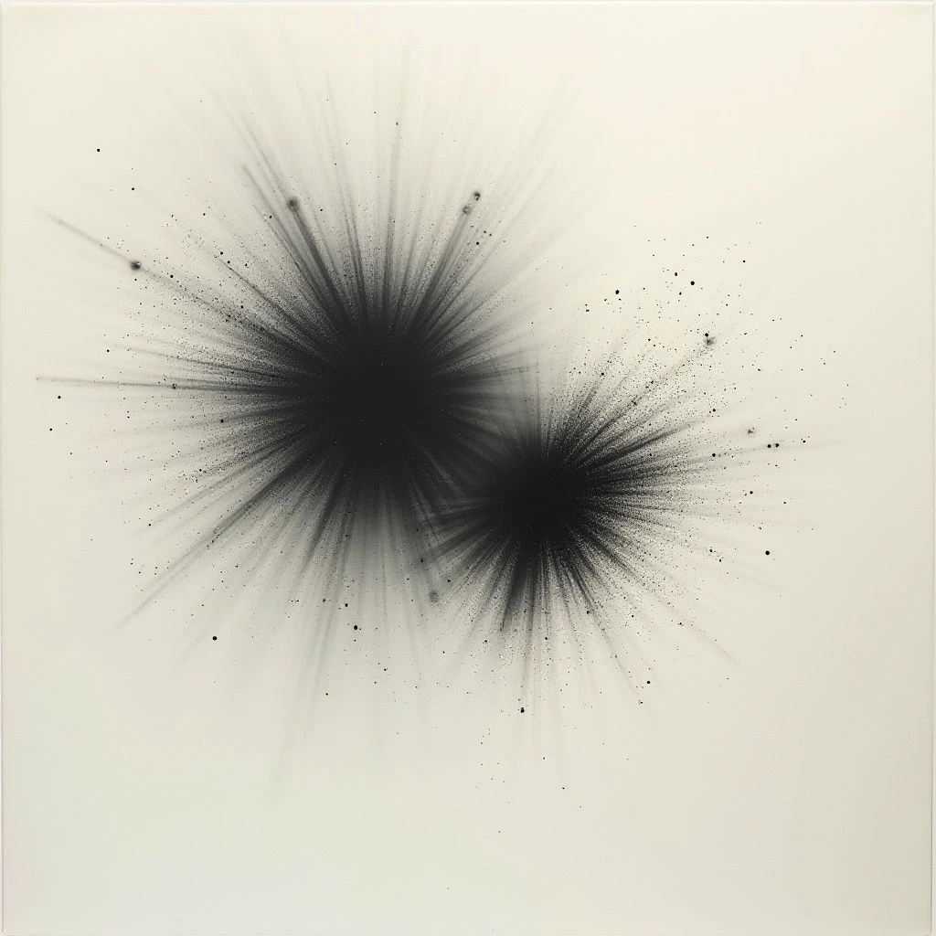 Two dark, irregular bursts radiate outwards on a stark white background. Each burst appears to originate from a central, shadowy point and is composed of fine, spiky lines that gradually disperse into smaller speckles. The overall effect suggests an explosion or impact captured in a moment of expansion.