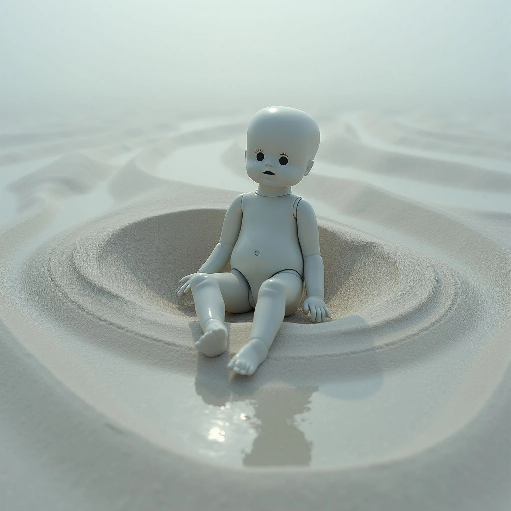 The image is dominated by a pale, desaturated color palette of off-whites and creams, with subtle gradations suggesting depth. A smooth, doll-like figure sits within a shallow depression in a textured, sandy surface marked by concentric ripple patterns radiating outward. Soft, diffuse light illuminates the scene evenly, minimizing strong shadows and creating a sense of spatial ambiguity with an indistinct horizon line.