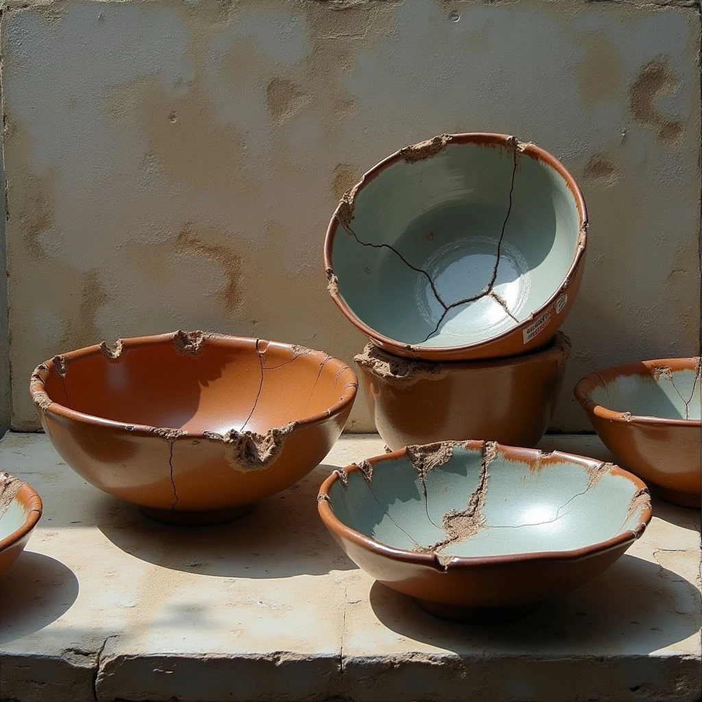 The scene features a collection of broken terracotta bowls with pale blue interiors arranged on a stone ledge against a mottled beige wall. The bowls are irregularly shaped due to their fractured state, exhibiting rough, chipped textures along the breaks and smooth curves within the remaining forms. Strong sunlight casts distinct shadows behind each bowl, emphasizing their three-dimensionality and creating spatial separation between them and the wall.