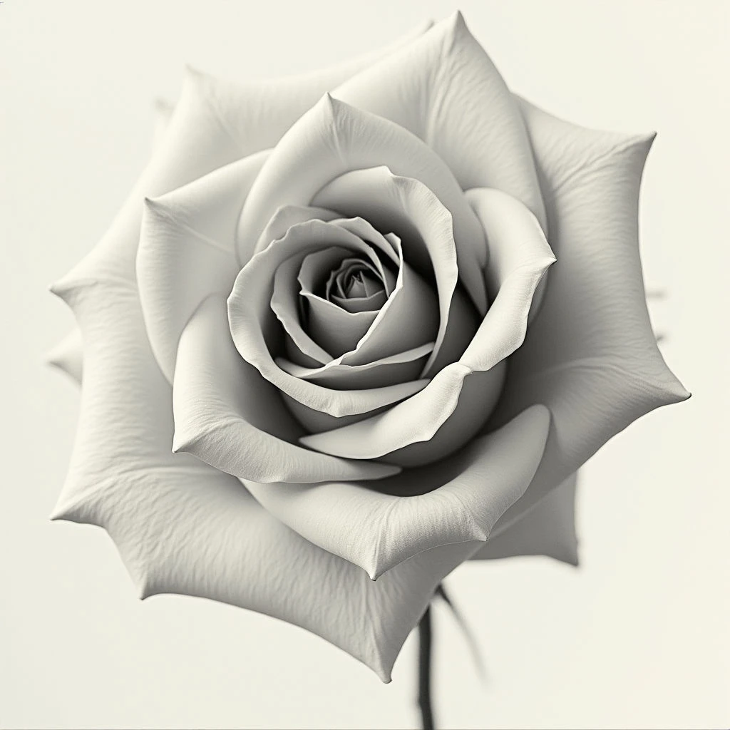 A fully open rose is centered in the frame, its petals unfurling in a spiral pattern towards the viewer. The flower is monochrome, rendered in shades of gray that emphasize its texture and delicate curves. A slender stem extends downward from beneath the bloom against a pale background.