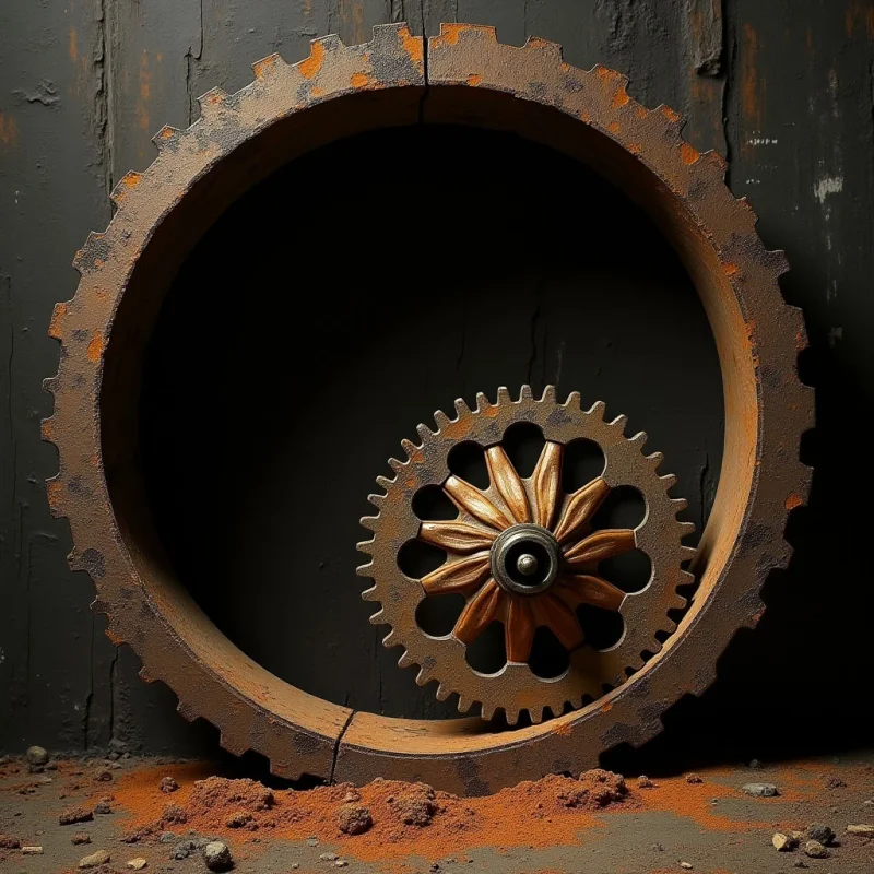 A large, rusted orange gear encircles a smaller, polished bronze gear set against a dark, textured charcoal background. The composition features circular forms and jagged teeth, with light catching the metallic ridges of the inner wheel while casting deep shadows within the larger ring. Fine reddish-brown powder is scattered across the bottom foreground, creating a gritty texture beneath the heavy metal shapes.