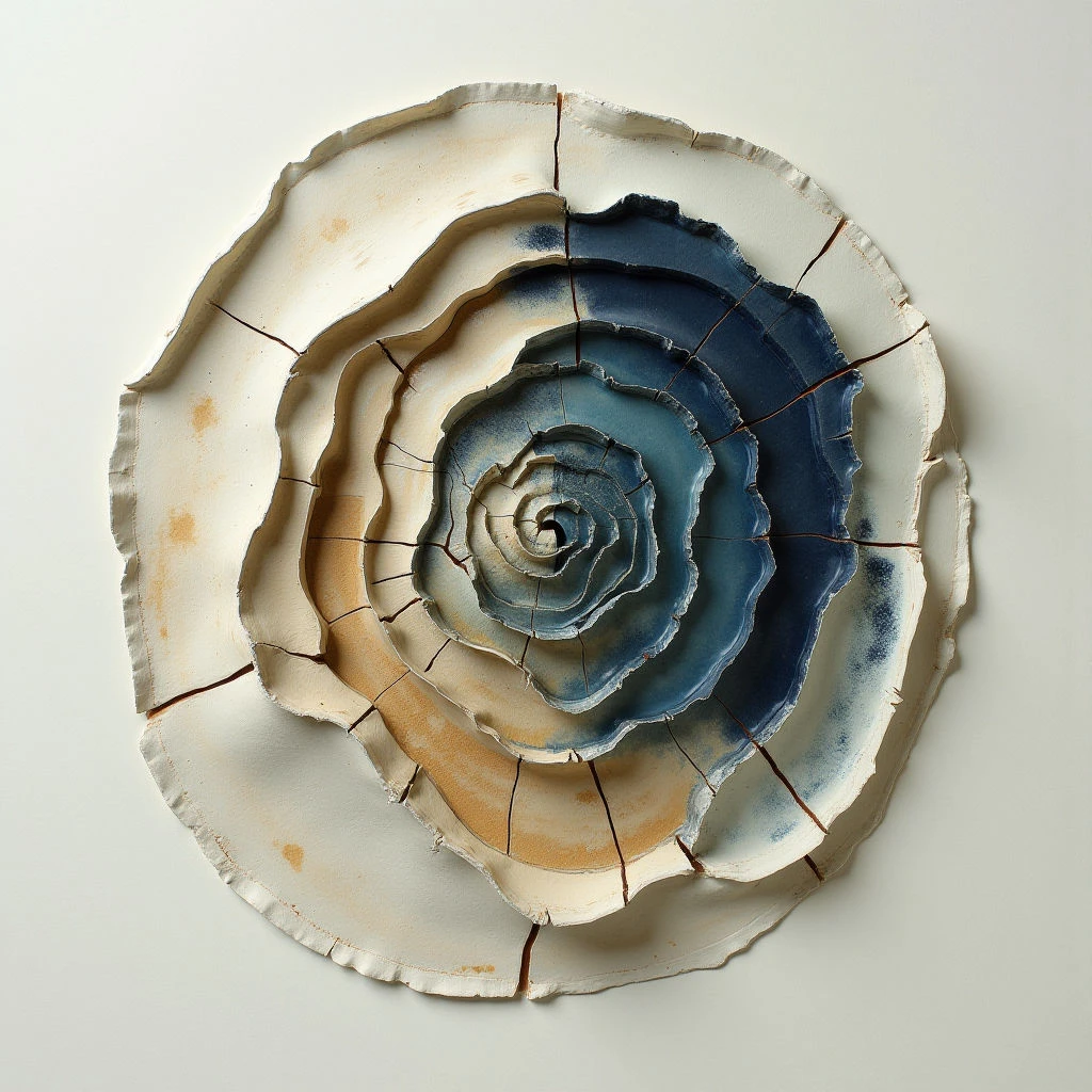 The image depicts a circular arrangement of segmented, layered forms transitioning in color from pale beige at the outer edges to deep indigo towards the center. Each segment has an uneven, organic texture resembling cracked earth or worn paper, and is roughly crescent-shaped. Soft, diffused light creates subtle shading across the layers, highlighting the three-dimensional spiral construction against a plain, neutral background.