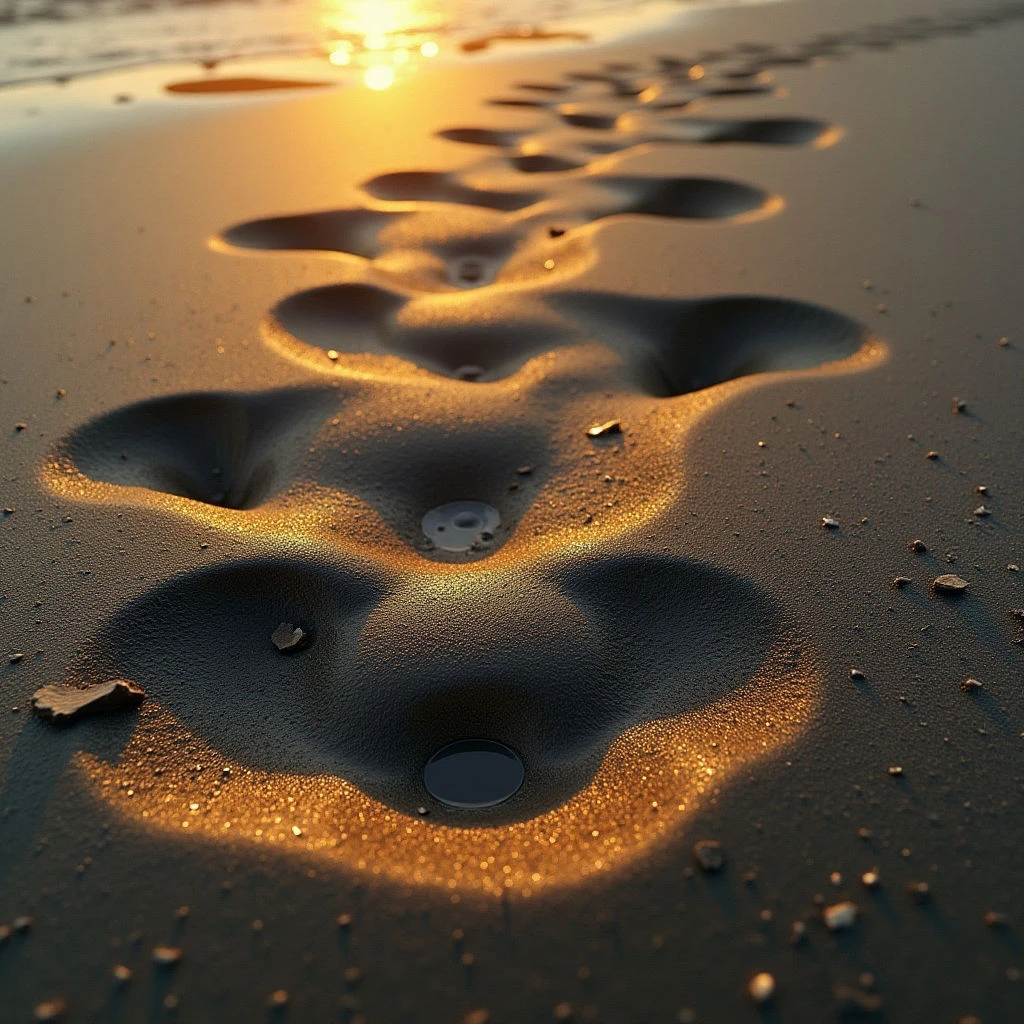 The image features a dark, granular texture of wet sand with a series of rounded depressions forming a roughly linear pattern that recedes into the distance. Warm golden light highlights the edges of these indentations and scattered small debris across the surface, contrasting with the deeper shadows within the holes. The spatial arrangement suggests a low perspective, emphasizing depth as the foot impressions diminish in size towards the horizon where a bright source of illumination is visible.
