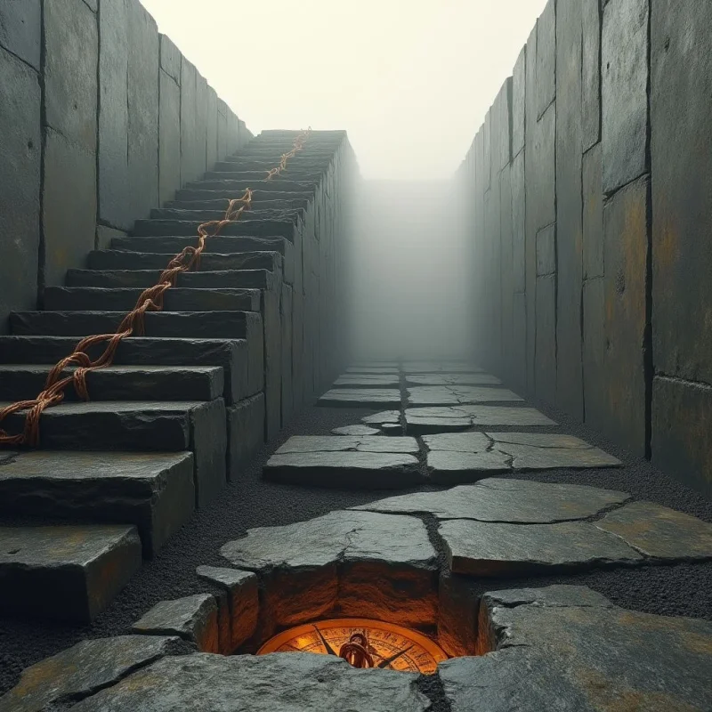 A narrow stone corridor is flanked by high, textured grey walls and a set of stairs lined with an orange rope. The ground consists of large, cracked dark slabs that reveal a glowing orange clock face embedded in the floor. A thick white mist obscures the background, creating a sense of depth and isolating the path between the vertical structures.