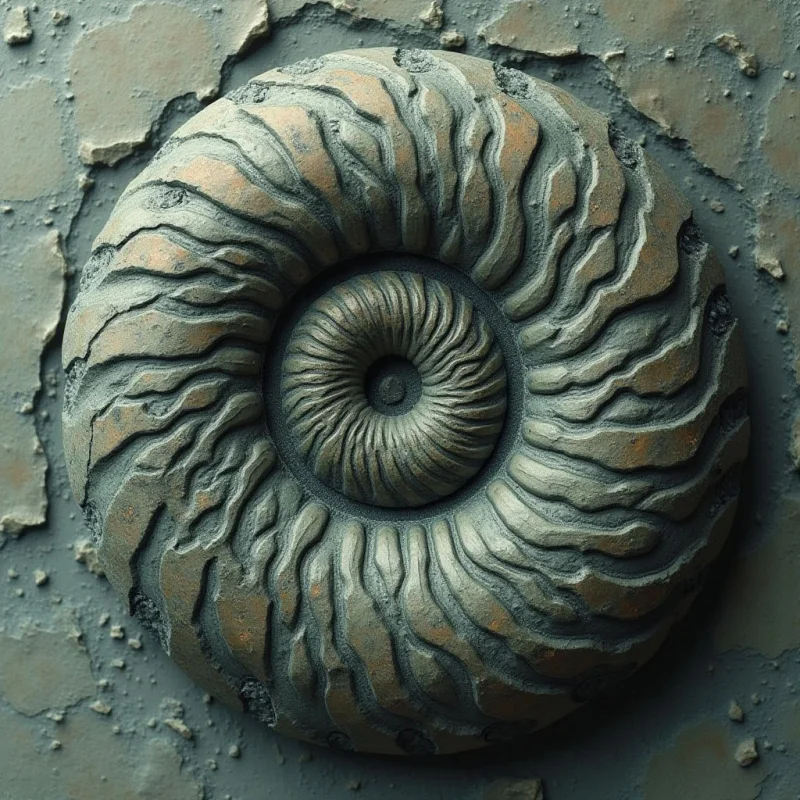 A circular, coiled form with deep grooves and ridges dominates the frame, rendered in muted tones of slate gray, charcoal, and earthy bronze. The texture appears weathered and stony, featuring a rugged, uneven surface that contrasts against the surrounding granular backdrop. Light hits the raised edges of the spiral, creating soft highlights and casting deep shadows within the concentric channels to emphasize its three-dimensional relief.