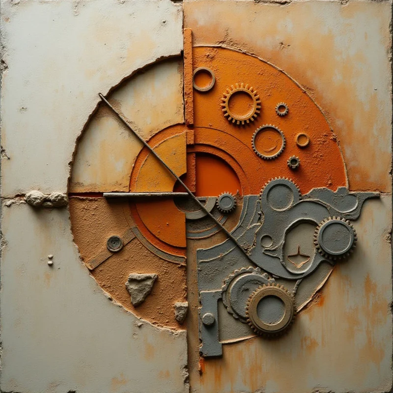 The image features a roughly square composition divided diagonally into warm orange and cool gray sections, both set against an off-white background. A variety of textured gears and circular forms protrude from the surfaces, creating a sense of depth and mechanical complexity within each colored area. Light appears to come from above and slightly to the left, casting subtle shadows that emphasize the three-dimensional qualities of the shapes and rough surface textures.