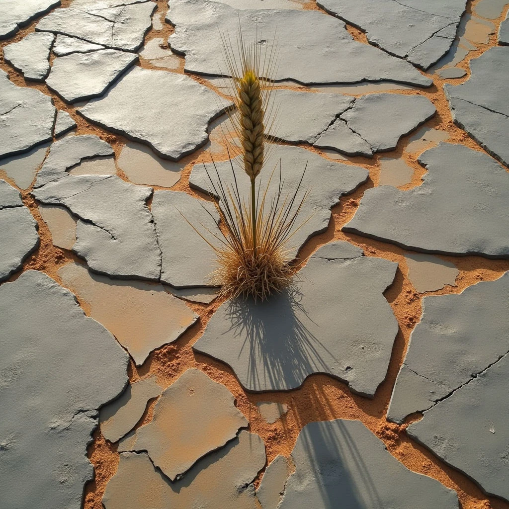The image features a predominantly gray and tan color palette, with variations in shade creating depth across a cracked surface. The texture is rough and fragmented, defined by irregular polygonal shapes formed by the fissures in the ground, contrasting with the delicate stalks of a golden wheat head centrally positioned. Strong directional light casts a sharp shadow from the wheat, emphasizing its vertical form against the flat plane and suggesting proximity to a light source off-frame.