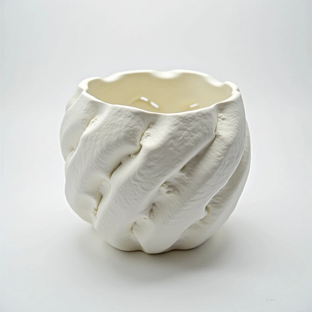 A white, textured sculpture resembling a cupped hand sits against a pale background. The form is organic and rounded, with deep wrinkles and folds suggesting skin or fabric. An open cavity within the “hand” creates an empty space, hinting at something being held or contained.