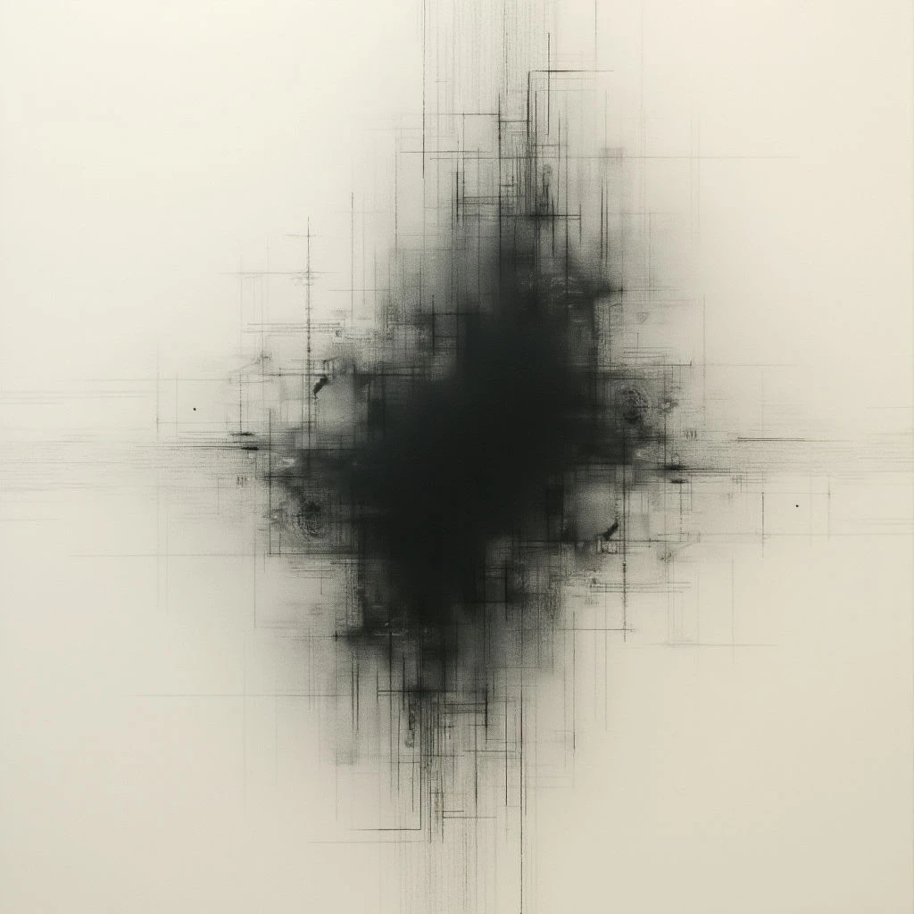 A dark, amorphous shape dominates the center of a white space, appearing almost like an explosion or implosion. Fine, precise lines radiate outwards from this central mass, forming a grid-like structure that extends to the edges of the composition. The contrast between the bold darkness and delicate linework creates a sense of both chaos and order.