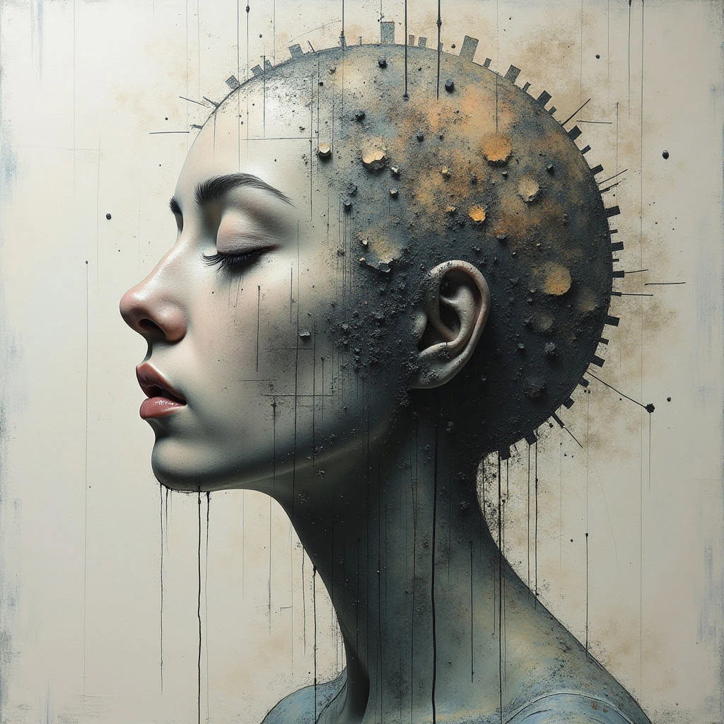 A woman’s face is shown in profile, her eyes closed and expression serene. The back of her head appears to be crumbling into a textured landscape of stone or earth, with vertical lines suggesting decay or fragmentation extending down her neck. Fine gridlines and dripping streaks overlay the image, creating an ethereal and slightly melancholic effect.