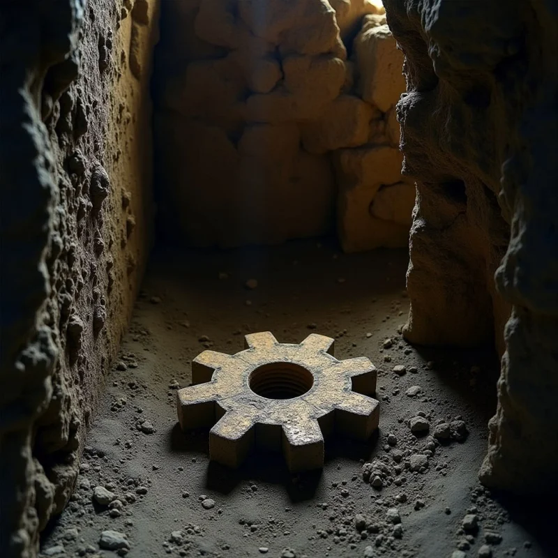 A single, weathered gear sits centered on a sandy floor between two rough, vertical rock walls. The scene is composed of earthy tones, ranging from deep shadows to golden light that illuminates the coarse textures of the stone and grit. Light filters down from above, creating a sense of depth within the narrow, enclosed space.