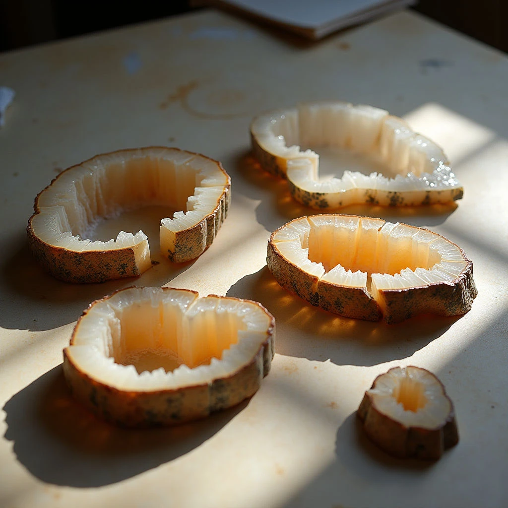 The image features five irregularly shaped pieces of a pale orange and white material arranged on a flat, light brown surface. The objects exhibit rough, textured exteriors contrasting with smoother, layered interiors that create circular voids. A strong directional light source casts defined shadows, emphasizing the forms and creating spatial separation between the pieces and the background.