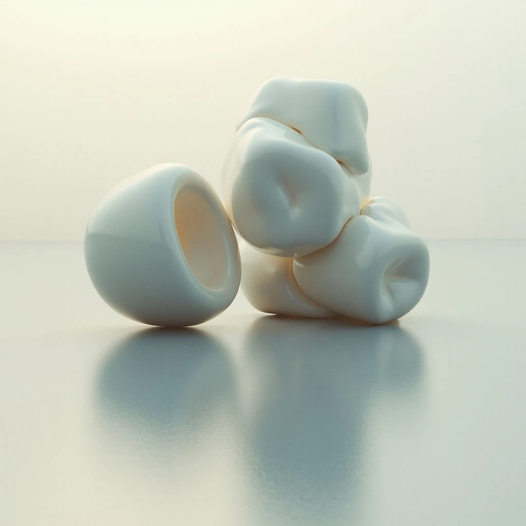 Several smooth, white, organic-shaped forms cluster together on a pale blue surface. They resemble rounded stones or perhaps abstract bodily parts, with soft curves and subtle indentations. The objects cast gentle reflections onto the reflective ground beneath them in a softly lit space.