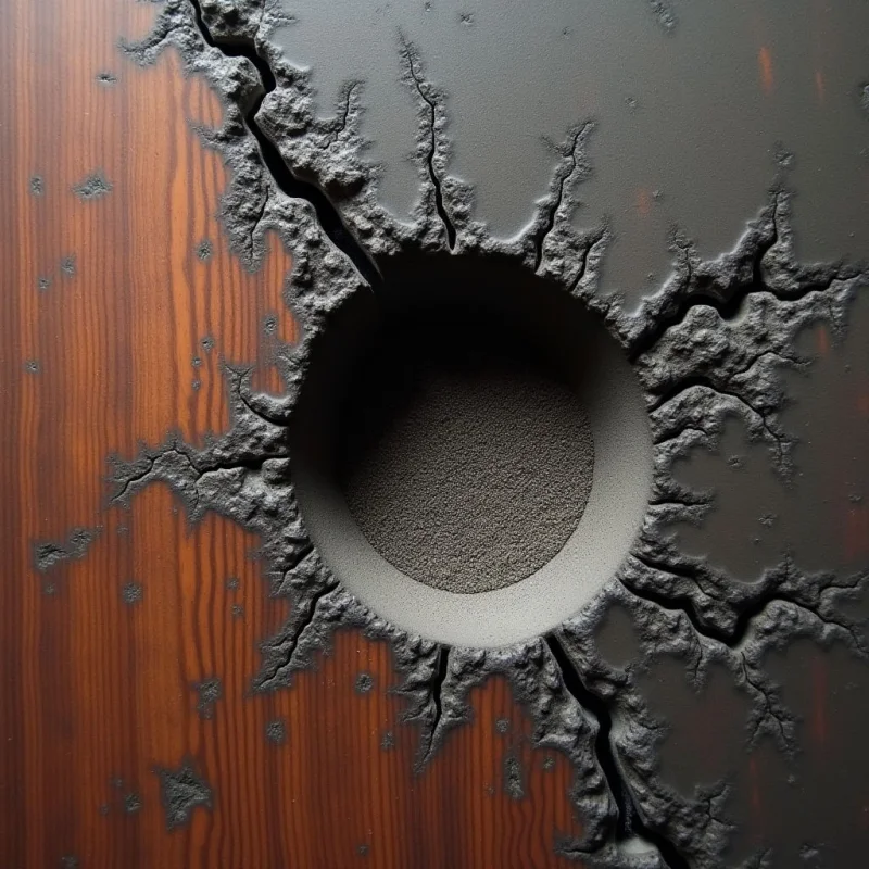 A central circular void with a granular, sandy texture is surrounded by jagged, dark grey cracks that branch outward across two distinct surfaces. The left side features vertical brown wood grain with a smooth finish, while the right side consists of a matte, dark grey plane. Light originates from above, casting soft shadows within the crevices and emphasizing the rough, irregular edges of the fissures.