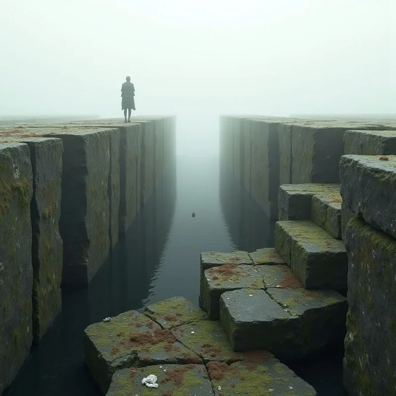 Monochromatic tones of grey and muted green dominate a scene composed of massive, rectangular stone blocks arranged in parallel columns. The textures range from the coarse, moss-covered surfaces of the foreground stones to the smooth, reflective quality of the still water between them. A lone silhouette stands atop a distant block, positioned against a bright, hazy background that dissolves the horizon into soft light.