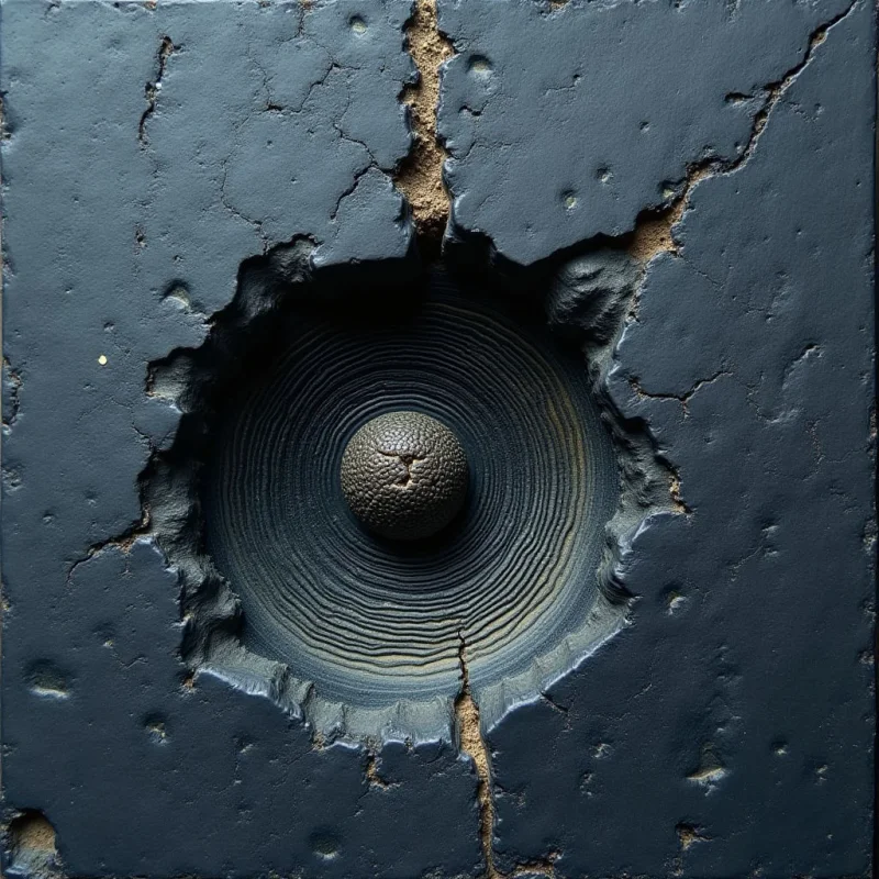 A dark, slate-blue textured surface features jagged cracks and small pits, surrounding a central circular crater. Within the crater, concentric ridges of lighter grey create a sense of depth around a single, pebbled sphere resting at the center. Light falls from above, casting soft shadows within the crevices and emphasizing the tactile contrast between the smooth grooves and rough edges.