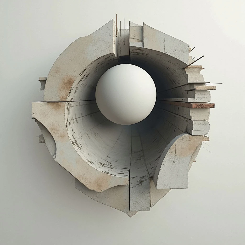 The image depicts a circular structure composed of layered, off-white concrete with areas of rust and staining visible along the inner surfaces. A smooth, bright white sphere is centered within the hollow opening of the ring, appearing to float in space. Light sources are diffuse, creating soft shadows and highlighting textural variations in the fractured edges and internal layers of the form against a plain, light gray background.