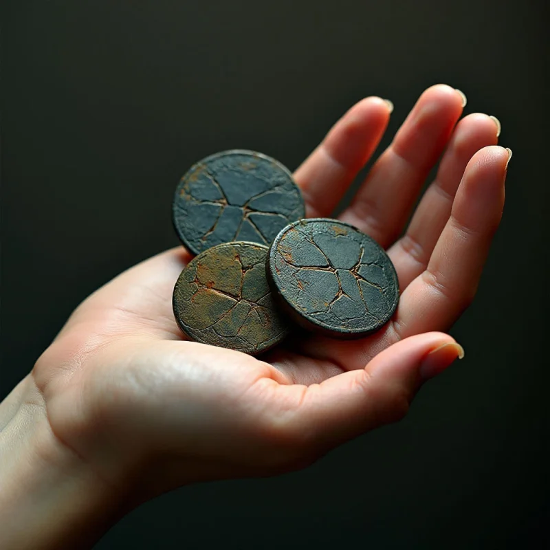 The image features a hand holding four dark, circular objects with cracked surfaces and reddish-brown fissures within the cracks. The hand is pale in complexion, exhibiting smooth skin texture contrasted by the rough appearance of the objects it contains. Light sources create highlights on both the hand and the objects, establishing depth against a blurred, dark background which suggests limited spatial distance between elements.