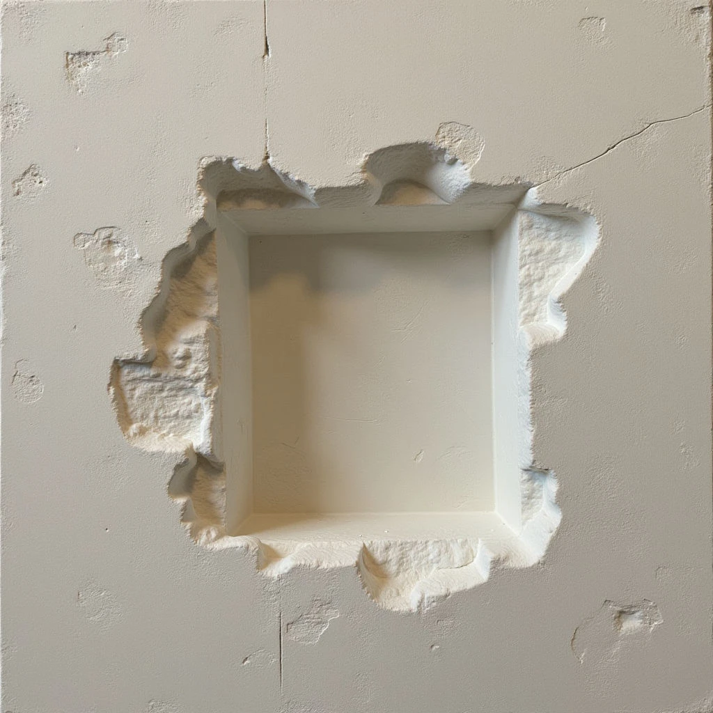 A square hole has been carved into a textured, off-white wall. The edges of the opening are rough and chipped, revealing layers beneath the surface paint. The interior of the cavity is smooth and brighter than the surrounding wall, creating a stark contrast in texture and tone.