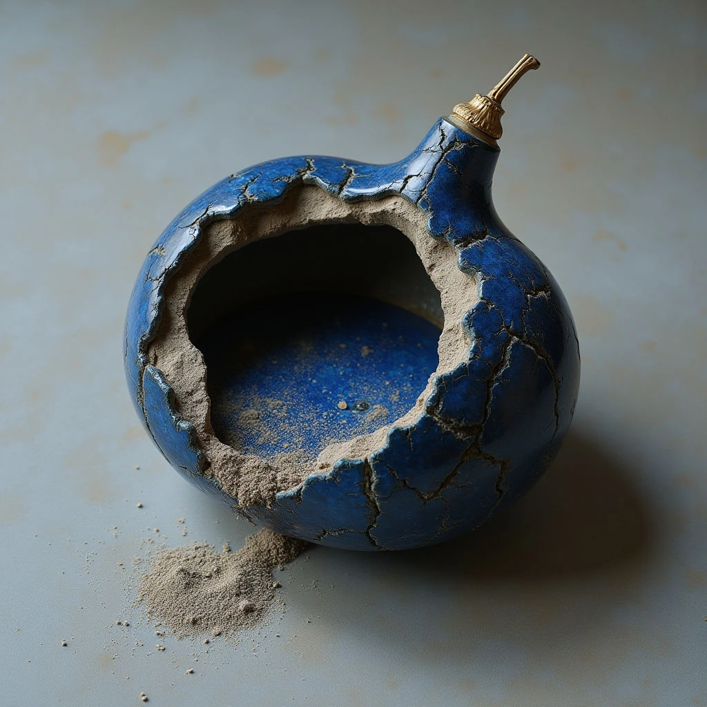 The image features a rounded cobalt blue form with a significant break revealing a rough, sandy interior and surrounding debris. A slender golden spout extends from the top of the object, contrasting in both color and texture with the cracked glaze of the main body. Soft, diffused light illuminates the scene, creating subtle shadows that emphasize the spatial relationship between the broken vessel and its flat gray surface.